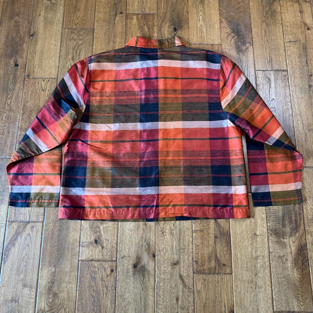 Vtg Tantrums Collection Womens Sz XL Orange Green Plaid 100% Silk Button Blouse - Picture 5 of 5
